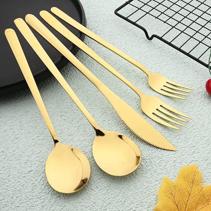 Knives and Forks Set Flatware Set Korean Silverware SUS304 Stainless Steel Kitchen Dinnerware Portable Utensils for Home, Camping Restaurant Christmas Gift - Shiny Gold
