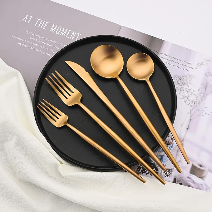 Flatware Set 18/10 Stainless Steel Matte Gold - Kitchen Utensil Serving Set of Dinner Fork Knife Spoons Salad Fork Dessert Spoon,5 Piece Set of 1, for Home Kitchen Restaurant Hotel