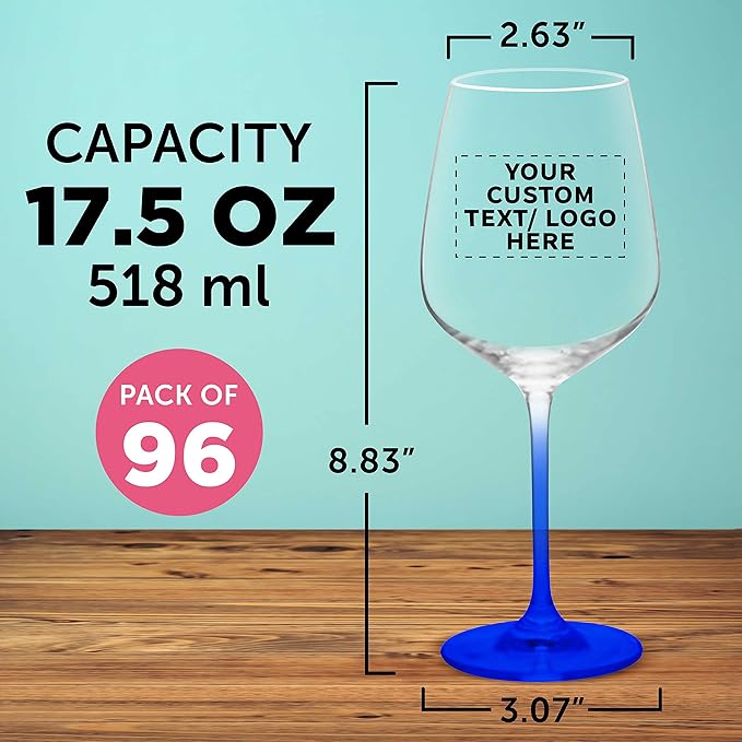 Custom Free Crystal Wine Glasses 17.5 oz Set of 96, Personalized Bulk Pack - Restaurant Glassware, Perfect for Red Wine or White Wine - Blue
