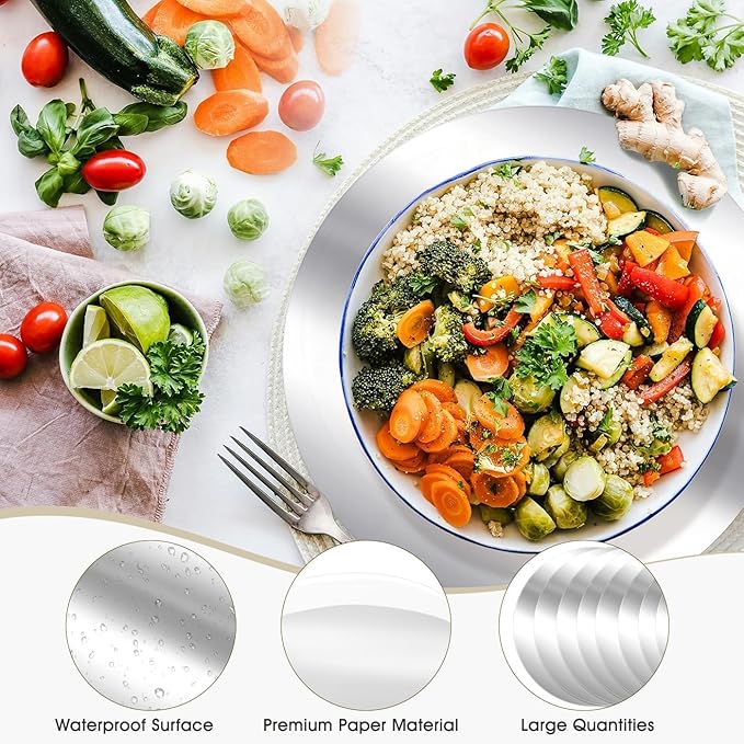 KesaPlan 50PCS Round Silver Placemats, 13" Disposable Paper Placemats for Dining Table, Mirrored Silver Charger Place Mat for Kitchen Banquet Table Setting Wedding Birthday Dinner Party Decor