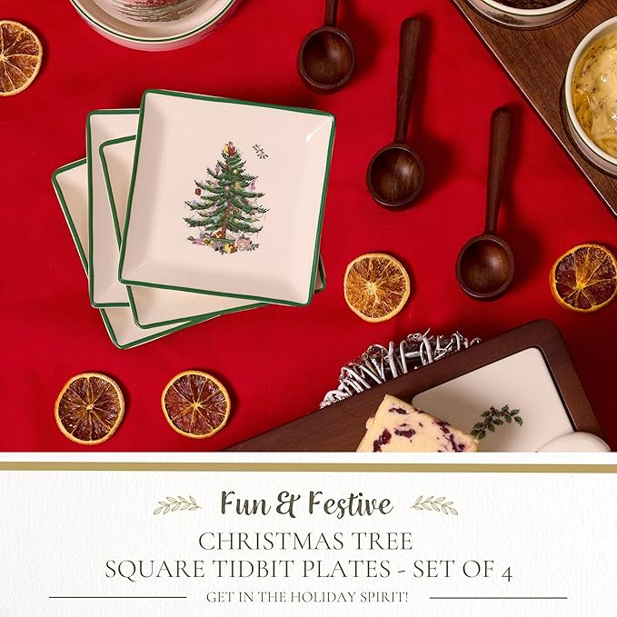 Spode Christmas Tree Tidbit Square Plates (Set of 4) - Festive 5-Inch Ceramic Plates for Canapés, Sweets, and Desserts - Dishwasher, Microwave, Freezer Safe - Excellent for Holiday Entertaining