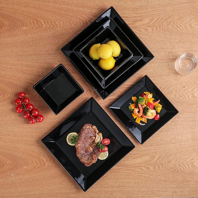 DOMINI 12-Piece Square Dinnerware Set, Service for 4, Porcelain Dishes Dinner, Square-Black