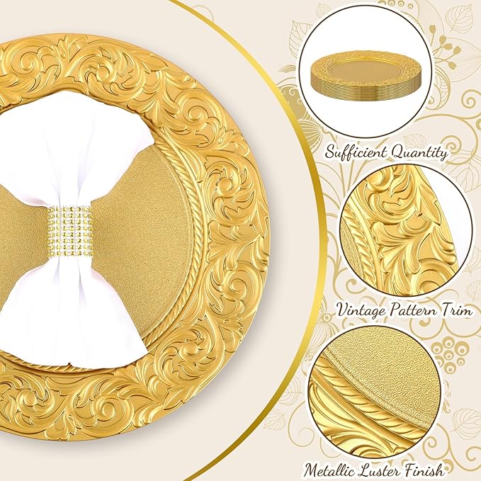 Uiifan 12 Pcs Antique Charger Plates Bulk 13'' Plastic Embossed Dinner Plate Chargers Round Floral Plates for Wedding Decorative Chargers for Table Dinner Kitchen Party Decoration (Gold)