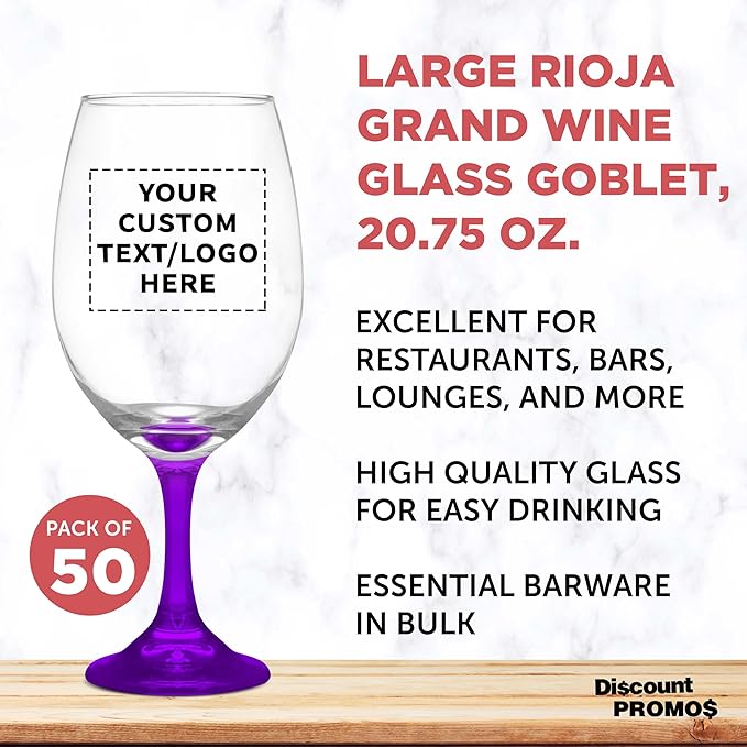 Custom Rioja Grand Wine Glasses 20.75 oz. Set of 50, Personalized Bulk Pack - Perfect for Hotel, Bar, Restaurant or Lounge - Purple