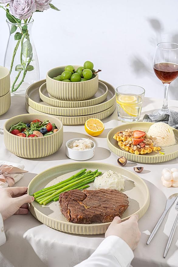 Dinnerware Sets for 4,Microwave Safe Plates and Bowls Sets,12 Piece Dylan Dish Set,Reactive Glaze Stoneware Dinnerware Set (Matte Reactive Glaze-Sage Green, Service for 4 (12pcs))