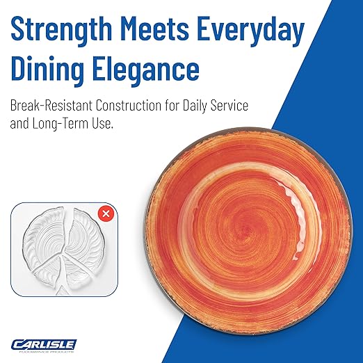 Carlisle FoodService Products Mingle Resuable Plastic Plate Dinner Plate with Pottery Style for Home and Restaurant, Melamine, 9 Inches, Fireball, (Pack of 12)