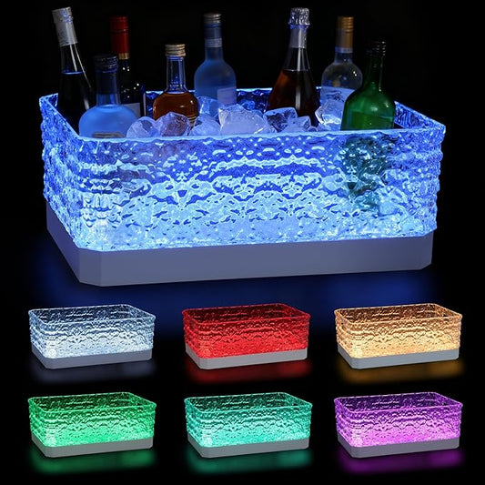 LED Light Up Plastic ice buckets for parties 15L large Clear beverage tub 7-color LED light ice buckets For Champagne Beer Cocktails Family Gathering Bar Nightclub Essential (Ice Texture)