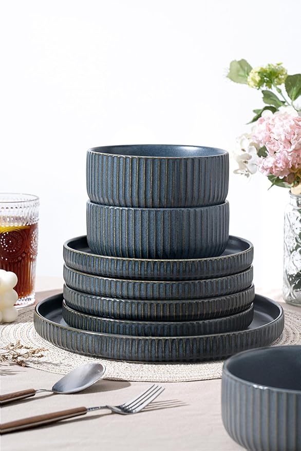 Dinnerware Sets for 4,Microwave Safe Plates and Bowls Sets,12 Piece Dylan Dish Set,Reactive Glaze Stoneware Dinnerware Set (Matte Reactive Sapphire Blue, Service for 4 (12pcs))