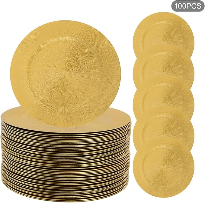 100 Pcs Antique Charger Plates Bulk 13 Inch Embossed Rim Plastic Party Dinner Plate Chargers Round Decorative Server Plate for Wedding Party Event Tableware (100pcs-gold2)