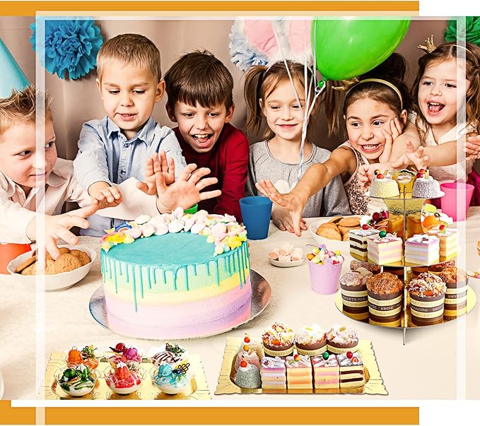 Zopeal 7 Pcs Dessert Table Display Set 3-Tier Cupcake Stand 1-Tier Cup Cake Display Tower Platters and Serving Trays Cardboard Cake Cookie Holders for Wedding Birthday Party Baby Shower(Gold)