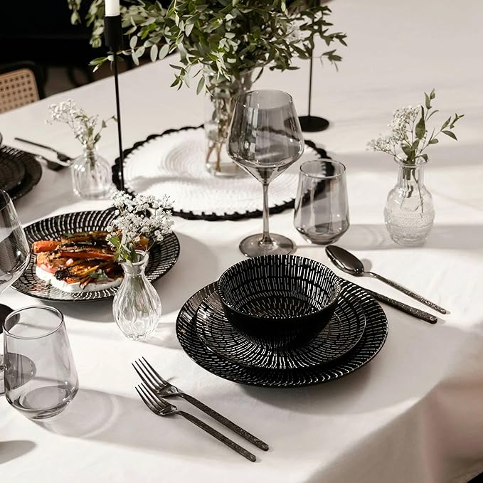 12-Piece Stoneware Dinnerware – Black and White Ceramic Plates and Bowls, Microwave & Dishwasher Safe, Modern Tableware Set_4 dinner plates, 4 salad plates, and 4 bowls