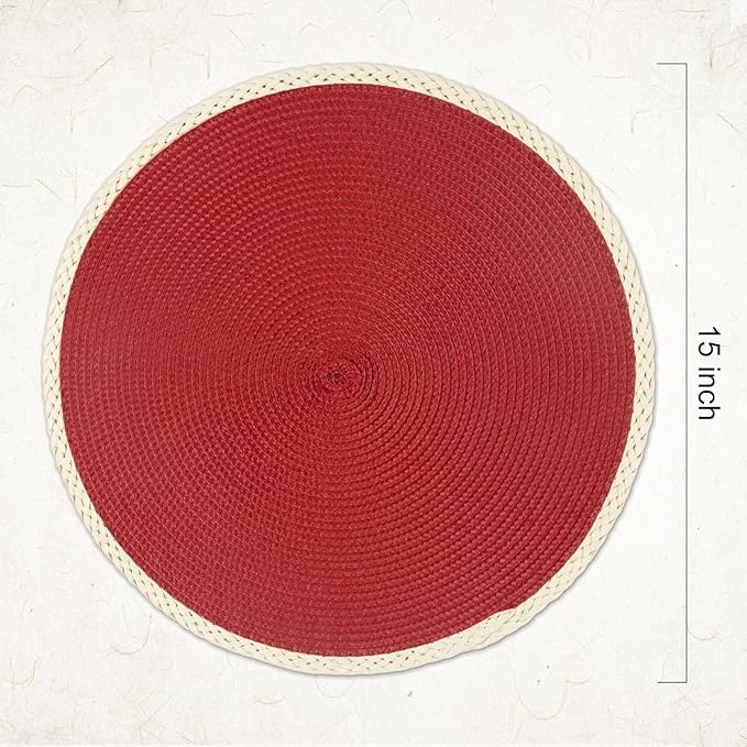 Noctiflorous Round Placemats Set of 8, 15 Inch Braided Hand Woven Table Mats, Heat Resistant Non-Slip Wipeable Thin Edge Place Mats for Kitchen Dining Indoor Outdoor Use(Red, 8)