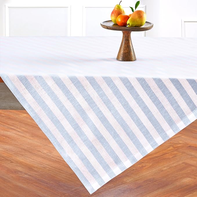 Solino Home Linen Square Tablecloth 52 x 52 Inch - Sorrento Stripe, 100% Pure Linen Blue and White Table Throw - Machine Washable Tablecloth for Winter, Spring, Easter