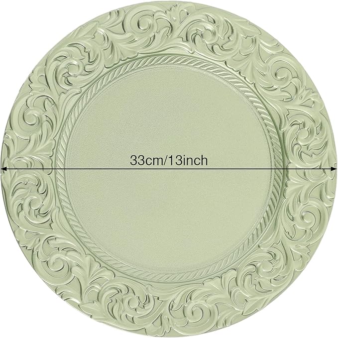 50 Pcs Antique Charger Plates Bulk Round Plastic Dinner Plate Embossed Rim Server Plate Decorative Chargers Floral Plates for Dinner Parties Wedding,13 Inch (green-50pcs)