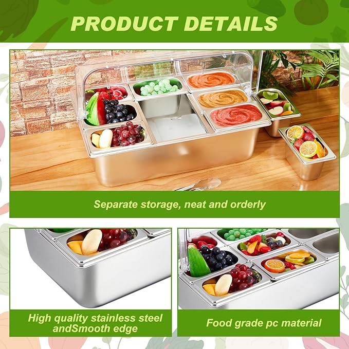 Tessco for you 16 Pcs Ice Food Spice Serving Display Countertop Chilled Condiment Container Set with Lid, Stainless Steel Salad Cold Caddy for Buffet Restaurant Kitchen Party(9 Compartments)