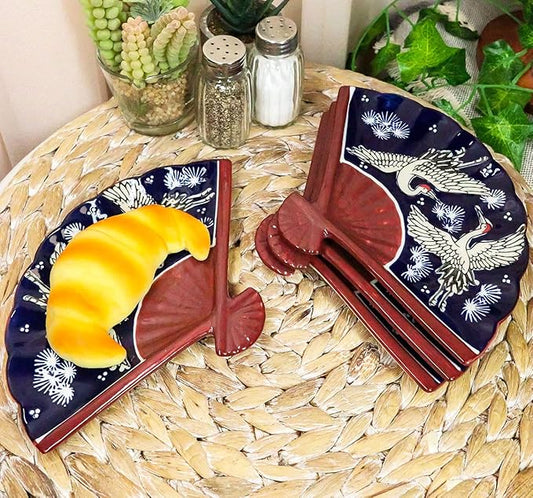 Ebros Pack Of 4 Colorful Oriental Folding Fan Shaped Appetizer Sushi Dessert Serving Dish Plates Decorative Asian Themed Artistic Dinner Lunch Serveware Plate Set (Twilight Blue Sky White Storks)