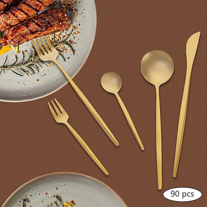 90 Piece Gold Silverware Set for 18, Gold Cutlery Utensils Set, Stainless Steel Flatware Include Knife Fork Spoon, for Kitchen Home Restaurant