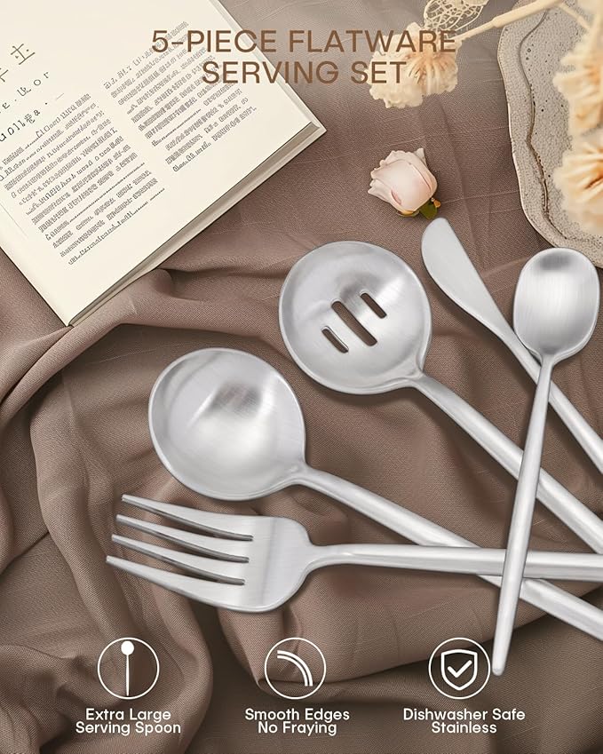 Stainless Steel Serving Set, Ollex 5-Piece Dishwasher Safe Silver Serving Utensil Set with Matte Serving Spoon,Slotted,Sugar Spoon,Butter Knife Serving Utensil for Parties Buffet