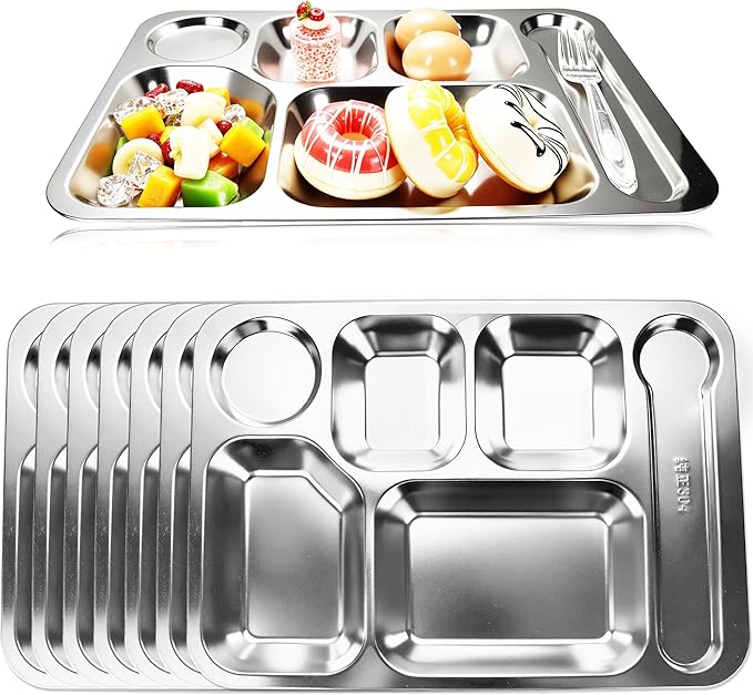 8 Pack 304 Stainless Steel Divided Plates Tray 6 Section Dinner Plates Unbreakable Metal Serving Platter Rectangular Control Plate for Adults Picky Eaters Campers Portion Control