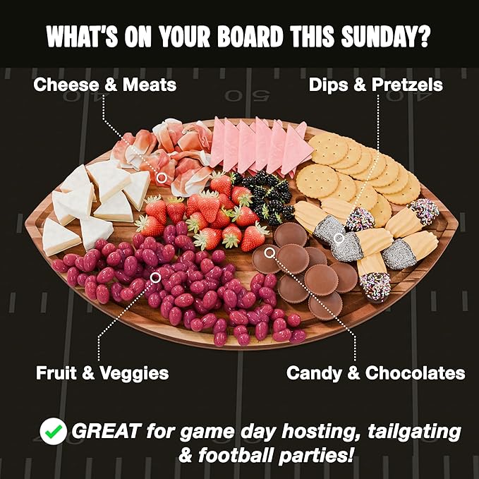 New – Giant Football Shaped Cutting Board – Jumbo Size Acacia Wood Charcuterie Tray – Extra Large Wooden Football Serving Platter for Super Bowl Parties, Tailgate Hosting & Gifts