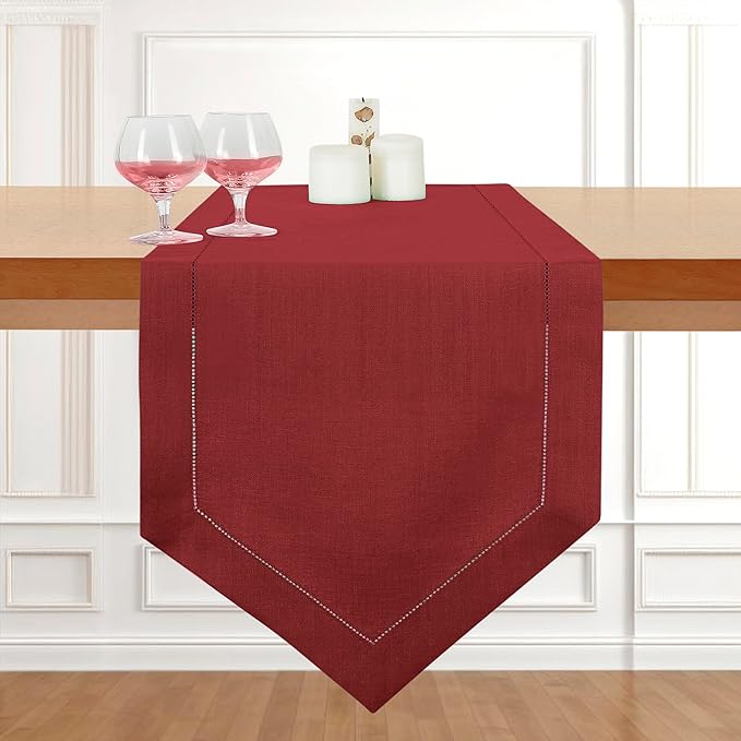 D'Moksha Homes Red Linen Table Runner 60 Inches Long - 100% Pure Linen Diamond Table Runner 14 x 60 Inch for Dining, Winter, Christmas, Holiday, New Year - Machine Washable