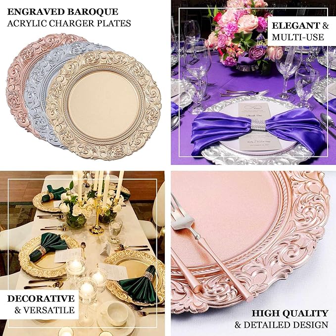 Efavormart Set of 6 ROSE GOLD 14" Round Plastic Charger Plates With Engraved Baroque Design Rim For Wedding Party Events