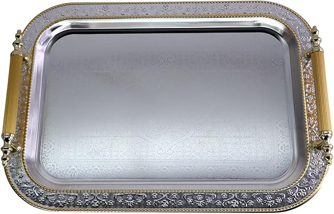 17.1 inch x 12.4 inch Rectangular Chrome Plated Silver Serving Tray with Handles Iron Gold Edge Engraved Decorative Wedding Dessert Buffet Wine Decor Platter Plate NC-147