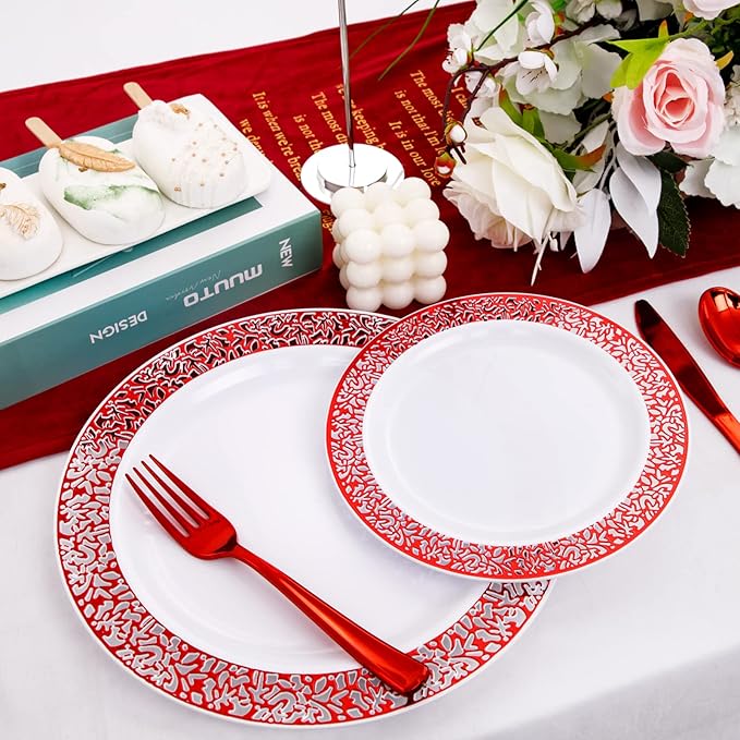 U-QE 150PCS Red Plastic Plates with Plastic Silverware, Red Disposable Plates Include 30 Dinner Plates 10.25", 30 Salad Plates 7.5",30 Forks,30 Knives,30 Spoons Perfect for Party