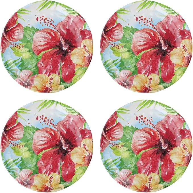 UP UPware Hibiscus Melamine Round Dessert Plates, Small Serving Plates, for Appetizer, Snacks, and Side Dishes, Multicolor, 6 Inch, Set of 4