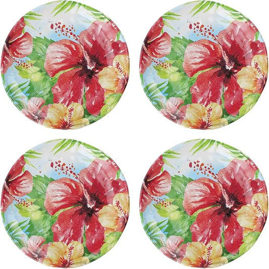UP UPware Hibiscus Melamine Round Dessert Plates, Small Serving Plates, for Appetizer, Snacks, and Side Dishes, Multicolor, 6 Inch, Set of 4