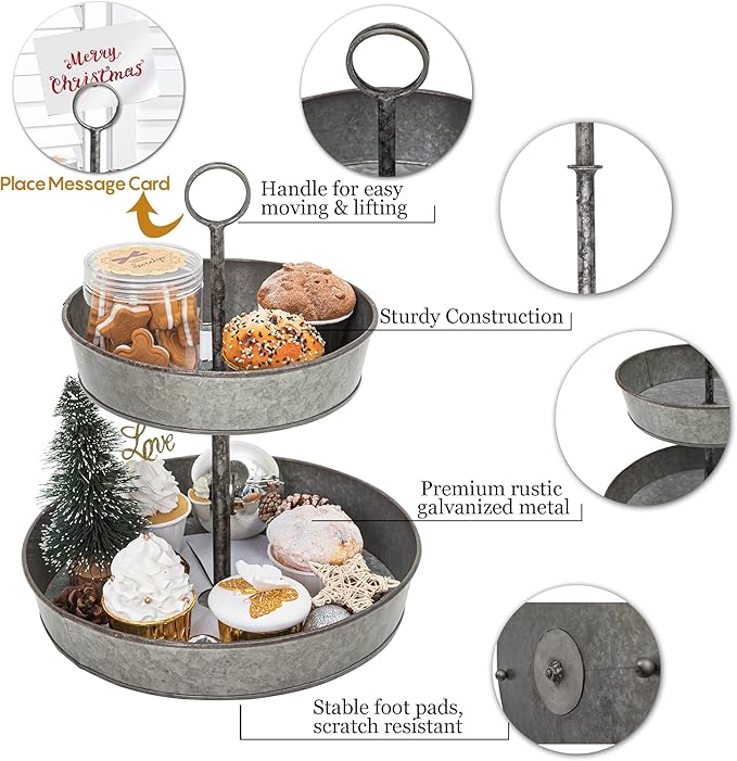FLORA Farmhouse 2 Tiered Galvanized Serving Tray Stand with Carry Handle, Rustic Metal Display Tray for Cupcake Dessert Fruit, Perfect for Indoor or Outdoor Party Home Décor