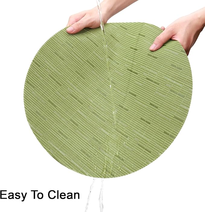 Round Placemats Set of 6 Heat Resistant Vinyl Placemats 15 inch Washable Non-Slip Table Mats Woven Place Mats for Dining Table (Green, Set of 6)