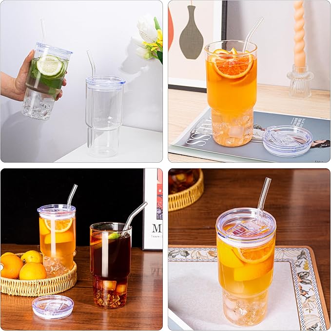 Dingerjar Glass Tumbler with Lid and Straw, Borosilicate Glass Iced Coffee Cup Smoothie Cups 24 oz/750ml for Hot or Cold Drinks