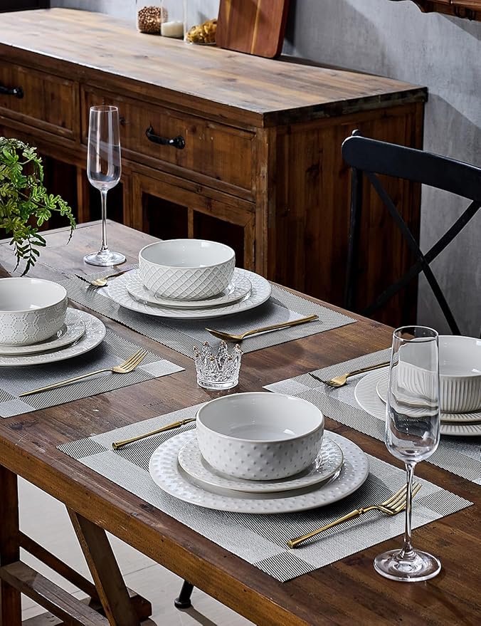 4 Different Embossed Ceramic Dinnerware Set for 4 - Arctic White Vintage Plates & Bowls Set 12 Piece - Microwave & Dishwasher Safe Porcelain Chip Resistant Handmade Dishware Set Kitchen Gift