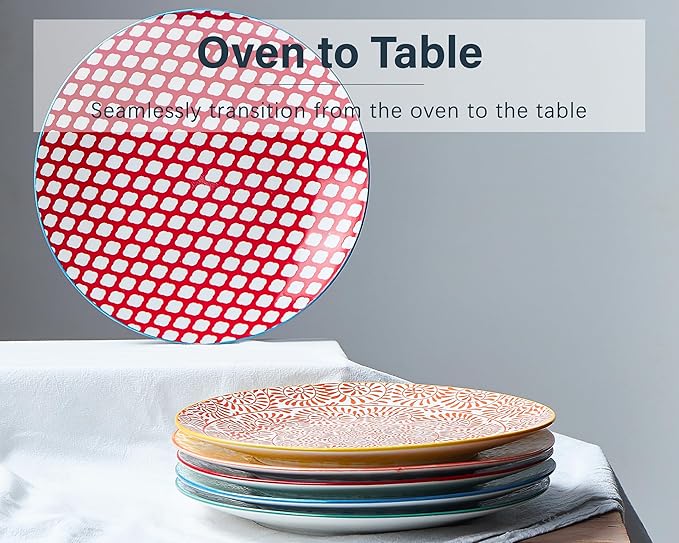 ONEMORE Colorful Dinner Plates Set of 6,10.5 inch Porcelain Salad Plates - Microwave, Oven & Dishwasher Safe Large Ceramic Plate for Pasta, Pizza - Geometric Style Scratch Resistant - Assorted Colors