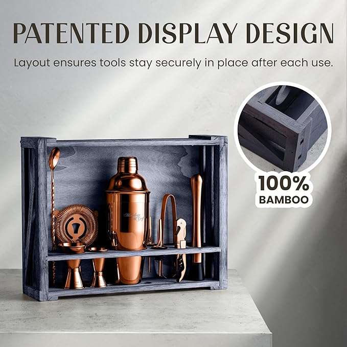 Mixology & Craft 11-Piece Cocktail Shaker Set with Wood Stand | Complete Cocktail Kit Gift Set | Top Bartender Gifts for Men & Women | Leak-Proof Tools (Copper)