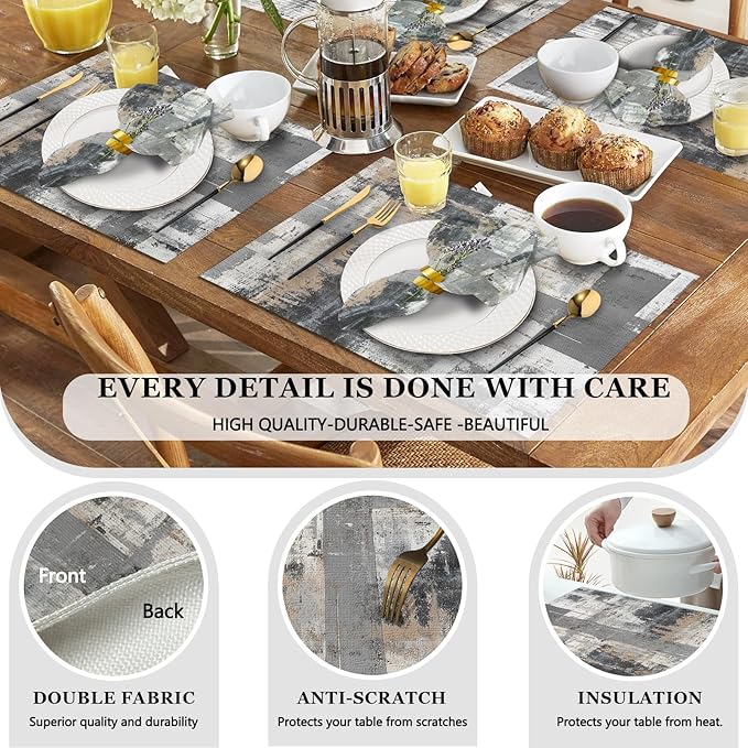 Mcalk 4 Each Grey Placemats and Cloth Napkins Set of 8, Modern Art Placemat, Abstract Black Cloth Napkin for Home Kitchen Decor (Placemats 18 "x12 Napkins 18 "x18)