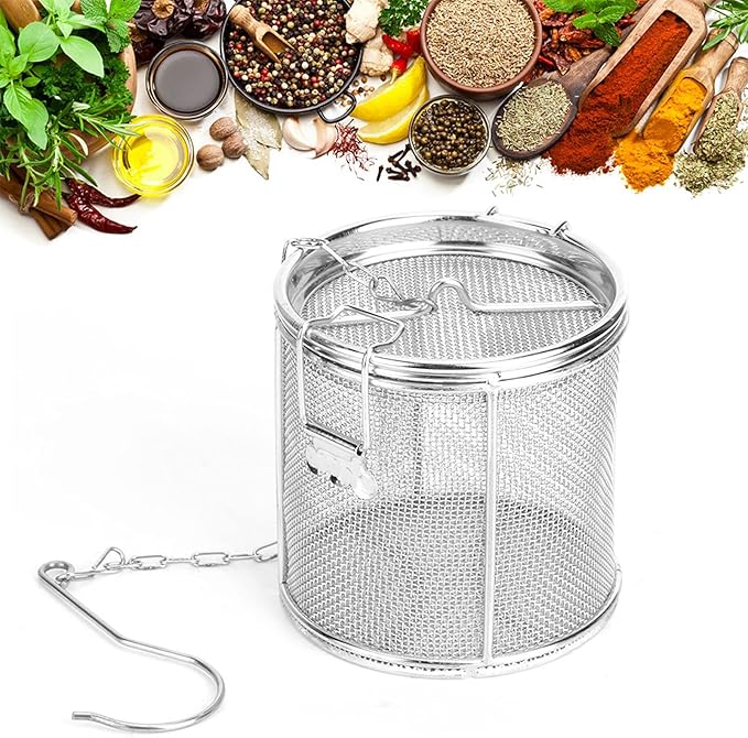 AUNMAS Tea Infuser, Stainless Steel Wire Mesh Design, Multifunctional Seasoning Strainer Basket Filter, with Chain & Hook, Silver 10x10cm