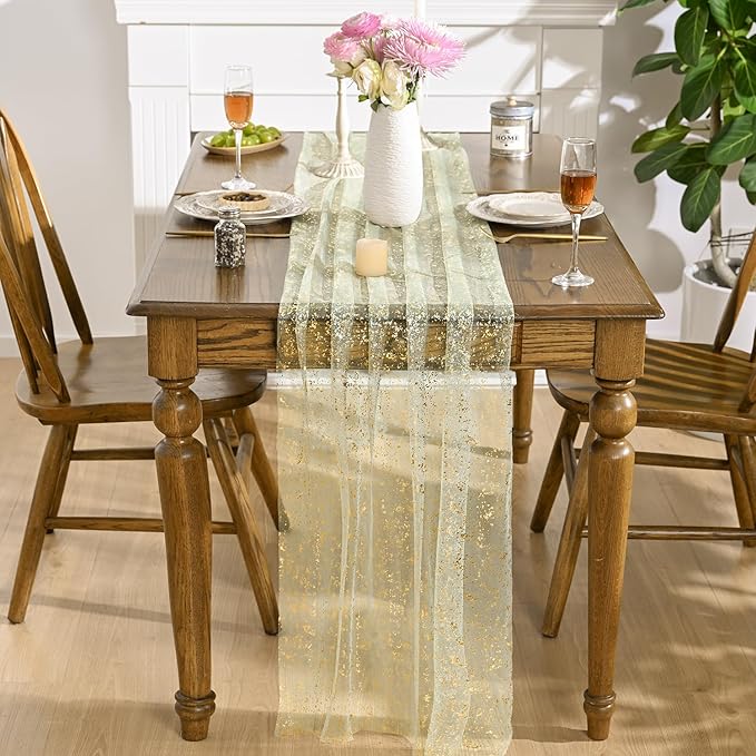 Artoid Mode Sage Green Gold Gauze Table Runner 59x120 Inch 10FT, Glitter Metallic Foil Sheer Dining Wedding Anniversary Holiday Birthday Table Decor for Home Party