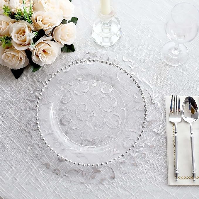 50 Pack 13" Silver Sheer Organza Placemats - Round Embossed Foil Flower Design Disposable and Elegant
