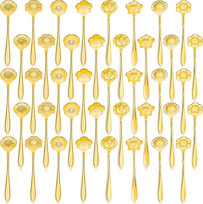 Eboot 40 Pcs Gold Flower Teaspoon Stainless Steel Tea Party Spoons Mini Cute Teaspoon Stirring Coffee Sugar Drink Demitasse Espresso Spoons for Bridal Baby Shower Wedding Party Favors Decorations