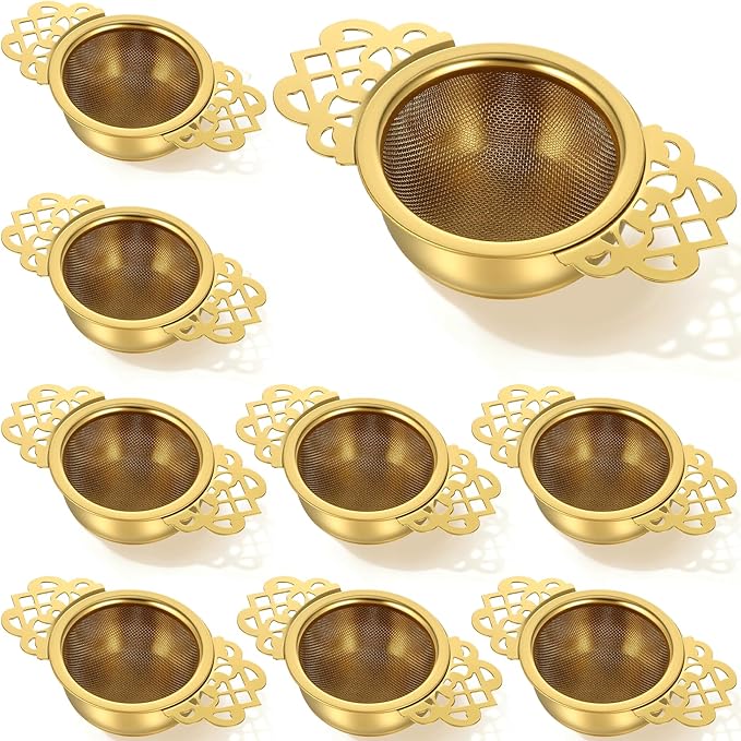 8 Pack Tea Strainer Bowl, 304 Stainless Steel Tea Drain Strainer TeaFilter Mesh TeaDrip Bowls Teapot Strainers With Petal Handles TeaDivider for 2.5-4 Inch Cup Mouth, Gold