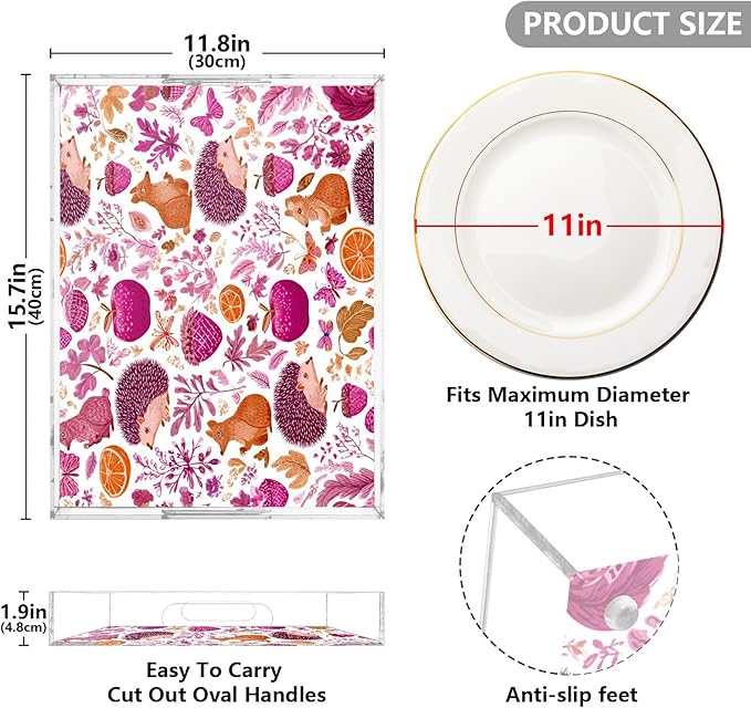 Serving Tray with Handles Clear Acrylic Tray 12x16 Inch Decorative Rectangular Tray Organizer for Ottoman Coffee Table Bathroom Hedgehogs Squirrel Mushroom Pink