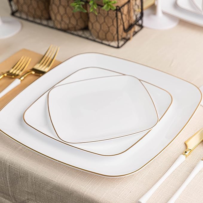 PLASTICPRO Square 64 Piece Combo Plates Set includes 32 x 7'' inch Plates & 32 x 10'' inch Dinner Plates White Plastic Gold Rim Design Party Plates, Premium heavyweight Elegant, Dishes,