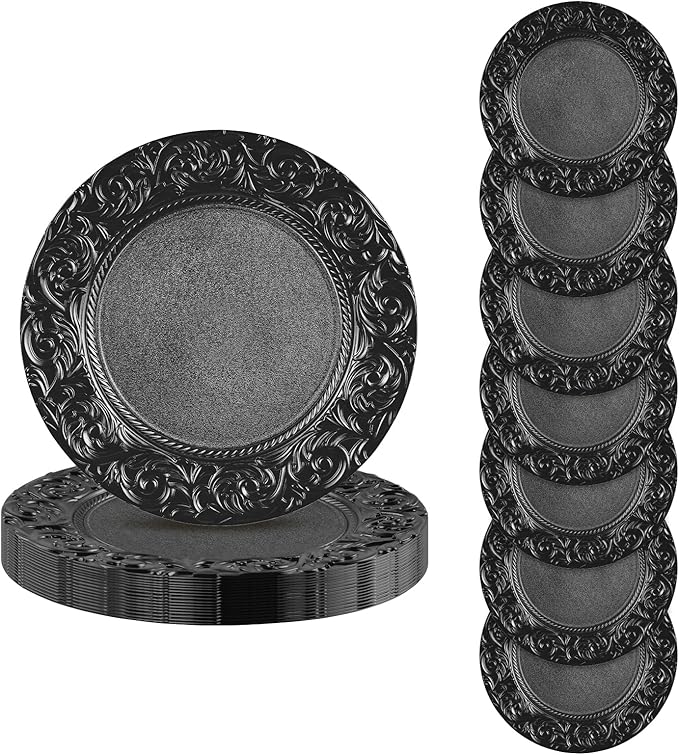 Black Plastic Charger Plates Set of 100, 13” Reusable Party Chargers for Dinner Plates, Elegant Round Service Plate Chargers Bulk Decorative for Wedding, Catering Table Decor