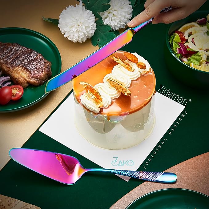 Xideman® 7-Piece Premium Hammered 18/10 Stainless Steel Silverware Serving Utensil Set - Iridescent Hostess Serveware Set with Cake Knife & Cake Server for Parties, Catering, Kitchen, Buffet (Rainbow)