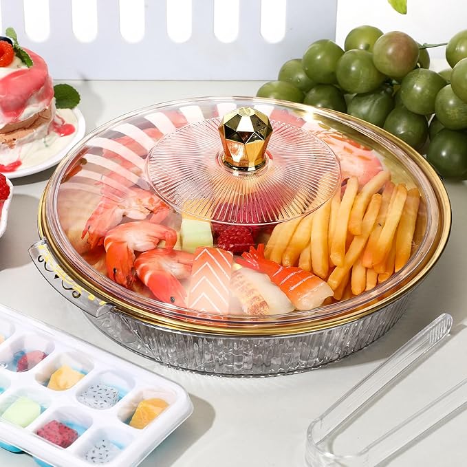 Baderke 1 Set 10" Chilled Serving Tray for Parties with Compartments and Lid Ice Chilled Platter Charcuterie Serving Board for Fruit Seafood Vegetable Appetizer Shrimp Cocktail (Gold)