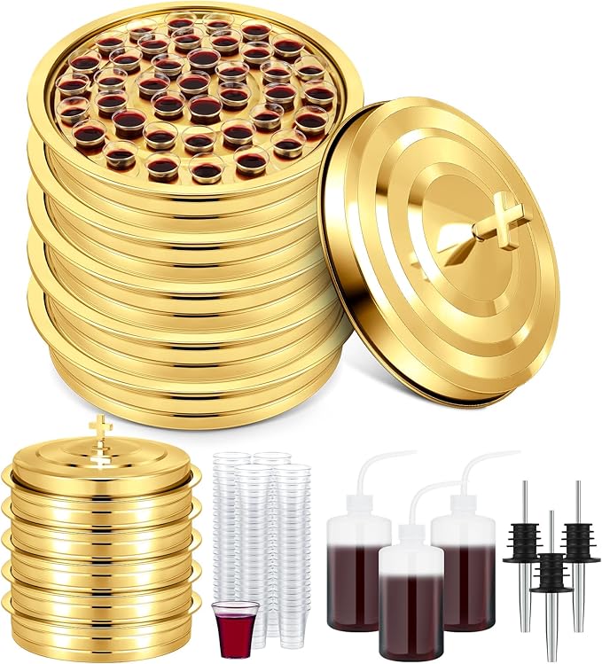 Zhehao 5 Sets Holy Communion Trays for Churches with Lid, Including 300 Disposable Communion Cups, 3 Churches Cup Fillers, 3 Spouts (Golden)