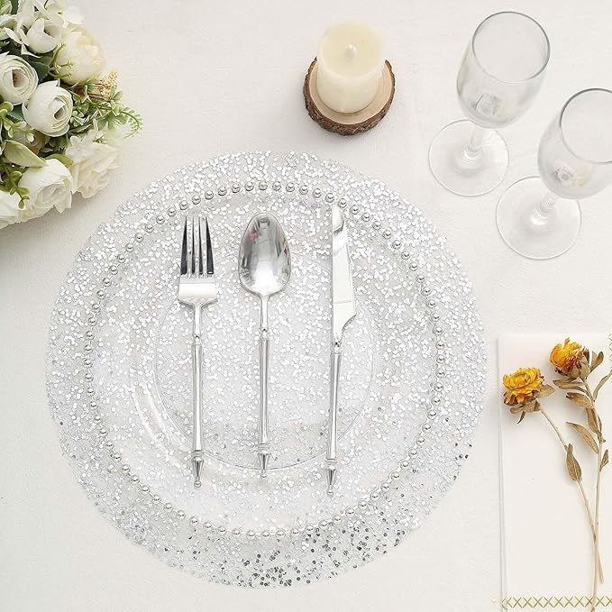 50 Pack 13" Metallic Silver Sequin Placemats - Round Sparkly Dust-Free Table Mats for Dining - Disposable Mesh Mats for Parties and Events