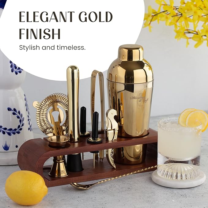 Mixology & Craft Bartender Kit: 10-Piece Cocktail Shaker Set with Dark Bamboo Stand | Complete Cocktail Kit Gift Set | Top Bartender Gifts for Men & Women | Leak-Proof Design (Gold)